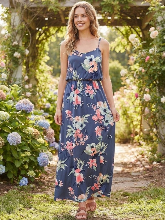 Derek Heart Dresses & Skirts - Derek Heart Navy Floral Maxi Dress Spaghetti Strap Elastic Waist - Size Small